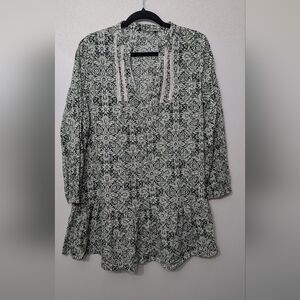 Zara Boho Floral Pattern Peasant Dress in Black, Green & White 100% Cotton